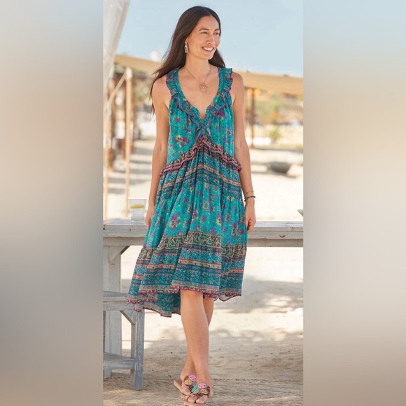 Sundance | Dalis Ruffle Dress Teal‎ Multi Sz M - Picture 1 of 8